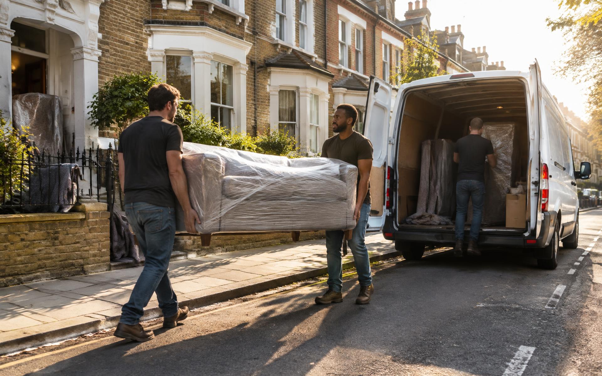 Valier Removals crew carrying a wrapped item out of a London townhouse into a removals van
