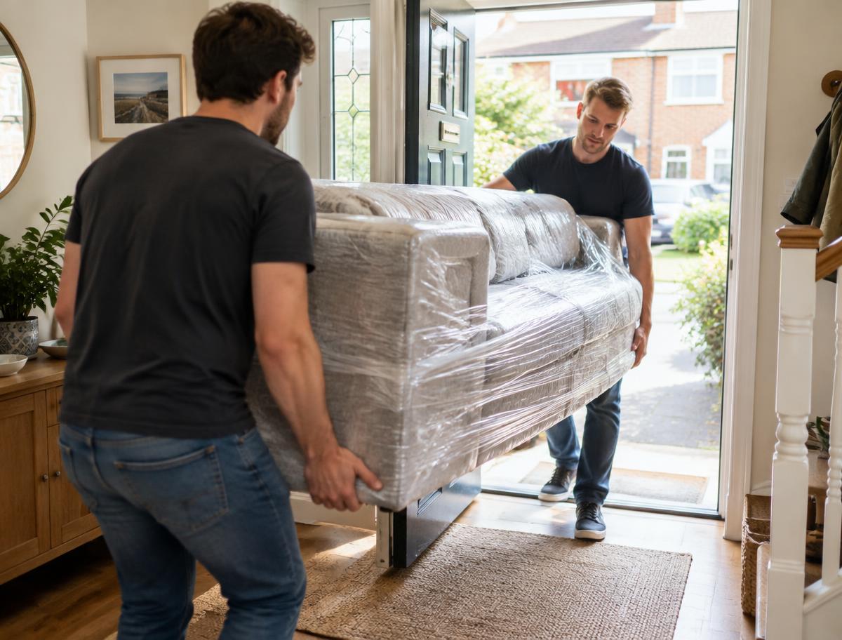 Valier crew carrying wrapped furniture into a family home